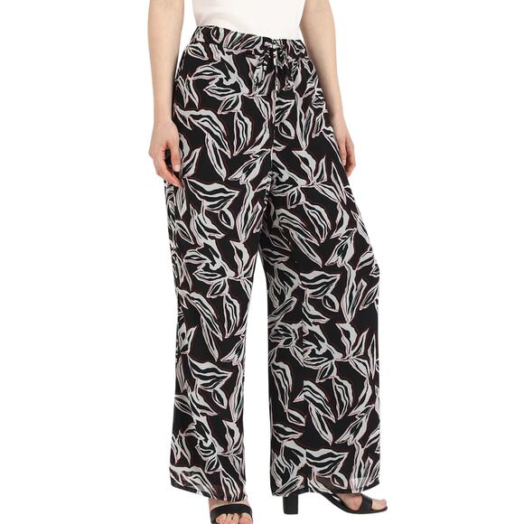 Calvin Klein Pants - Calvin Klein Black White Red Floral Leaf Crepe Wide Leg Pants size L NEW Tags